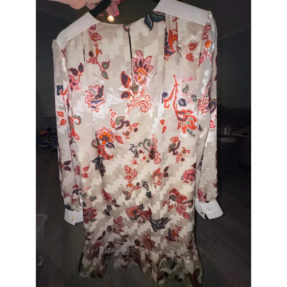 Tory Burch Floral Burnout Silk Blend Ruffle Hem Tie Neck Dress Size 8 Cream Red